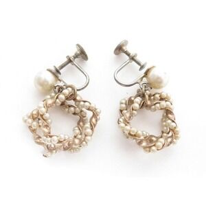 Antique Vintage Tiny Faux Seed Pearl Star Shaped Drop Dangle ScrewBack Earrings